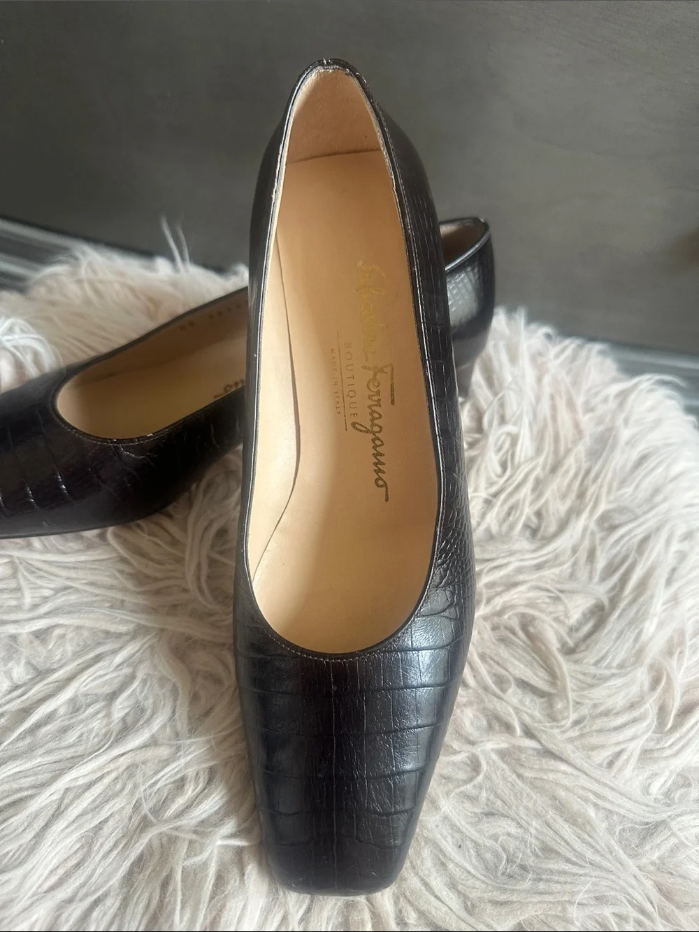 Salvatore Ferragamo Black Croc-Embossed Square-Toe Flats
